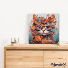 Carica l'immagine nel visualizzatore di Gallery, Mini Kit da Dipingere con i Numeri 20x20cm con cornice - Gatto fantasy tra i fiori