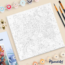 Carica l'immagine nel visualizzatore di Gallery, Mini Kit da Dipingere con i Numeri 20x20cm con cornice - Gatto fantasy tra i fiori