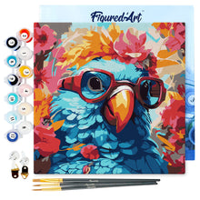 Carica l&#39;immagine nel visualizzatore di Gallery, Mini Kit da Dipingere con i Numeri 20x20cm con cornice - Pappagallo fantasy tra i fiori