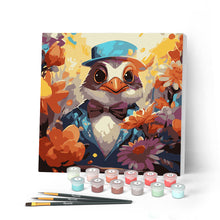 Carica l'immagine nel visualizzatore di Gallery, Mini Kit da Dipingere con i Numeri con cornice - Uccello in smoking tra i fiori