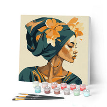 Carica l'immagine nel visualizzatore di Gallery, Mini Kit da Dipingere con i Numeri con cornice - Donna con turbante floreale