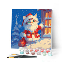 Carica l'immagine nel visualizzatore di Gallery, Mini Kit da Dipingere con i Numeri con cornice - Gattino di Babbo Natale