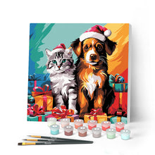 Carica l'immagine nel visualizzatore di Gallery, Mini Kit da Dipingere con i Numeri con cornice - Gatto e cane festivi