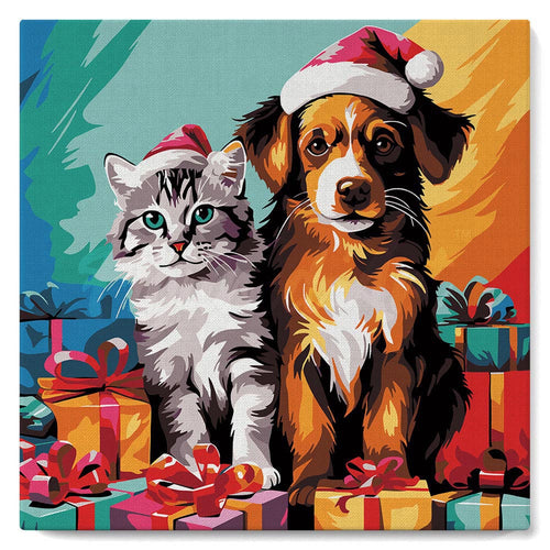Mini Kit da Dipingere con i Numeri con cornice - Gatto e cane festivi