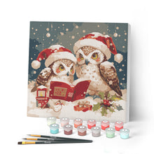 Carica l'immagine nel visualizzatore di Gallery, Mini Kit da Dipingere con i Numeri con cornice - Gufi di Babbo Natale che leggono