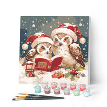 Carica l'immagine nel visualizzatore di Gallery, Mini Kit da Dipingere con i Numeri con cornice - Gufi di Babbo Natale che leggono