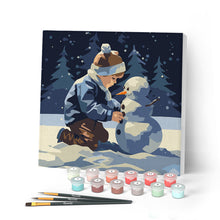 Carica l'immagine nel visualizzatore di Gallery, Mini Kit da Dipingere con i Numeri con cornice - Ragazzo e pupazzo di neve