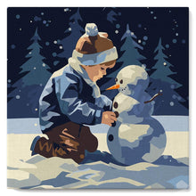 Carica l&#39;immagine nel visualizzatore di Gallery, Mini Kit da Dipingere con i Numeri con cornice - Ragazzo e pupazzo di neve
