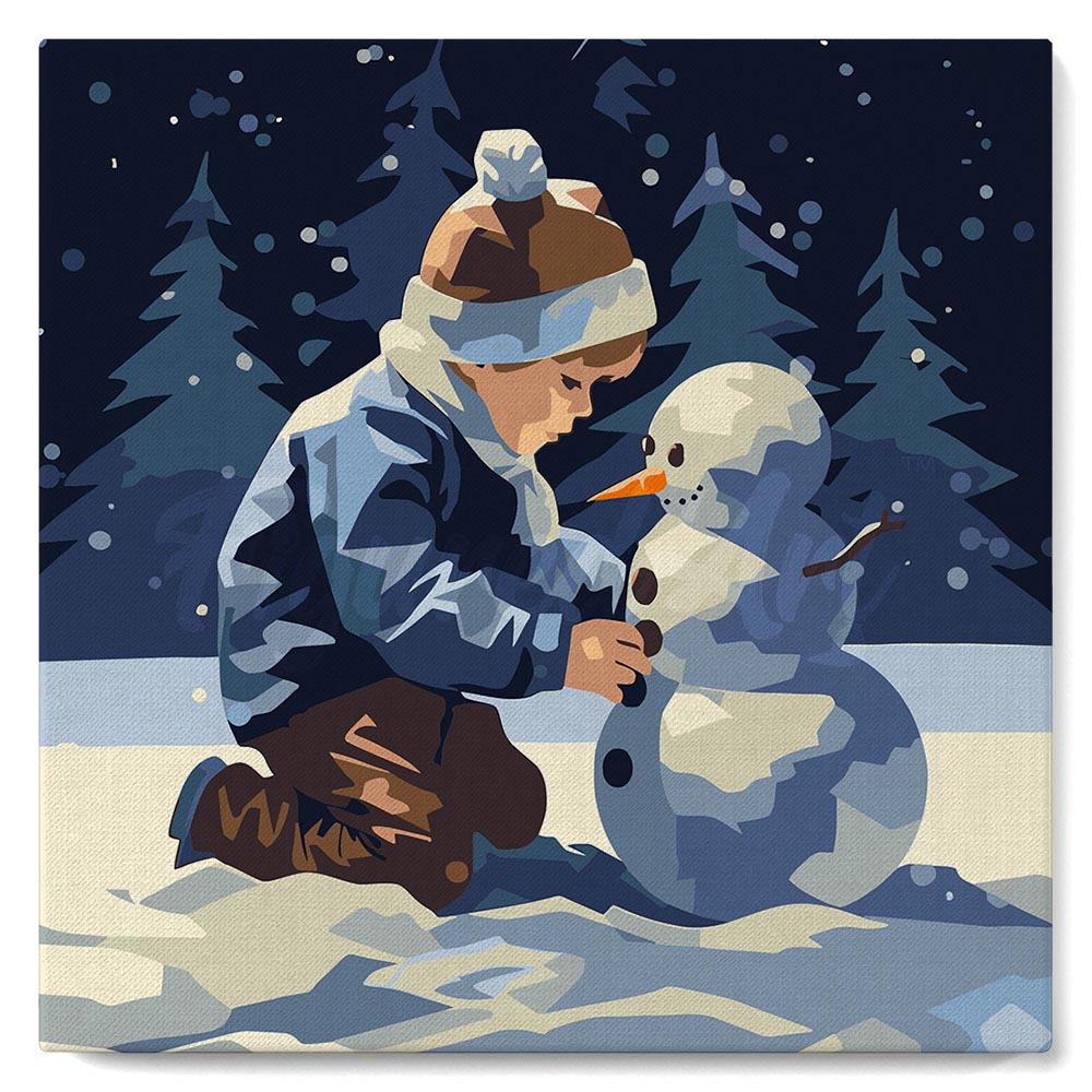 Mini Kit da Dipingere con i Numeri con cornice - Ragazzo e pupazzo di neve