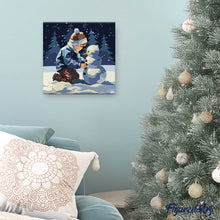Carica l&#39;immagine nel visualizzatore di Gallery, Mini Kit da Dipingere con i Numeri 20x20cm con cornice - Ragazzo e pupazzo di neve