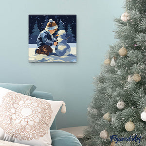 Mini Kit da Dipingere con i Numeri 20x20cm con cornice - Ragazzo e pupazzo di neve