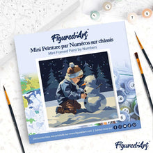 Carica l'immagine nel visualizzatore di Gallery, Mini Kit da Dipingere con i Numeri 20x20cm con cornice - Ragazzo e pupazzo di neve