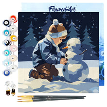 Carica l&#39;immagine nel visualizzatore di Gallery, Mini Kit da Dipingere con i Numeri 20x20cm con cornice - Ragazzo e pupazzo di neve