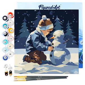 Mini Kit da Dipingere con i Numeri 20x20cm con cornice - Ragazzo e pupazzo di neve