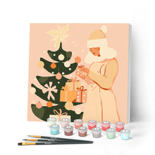 Carica l'immagine nel visualizzatore di Gallery, Mini Kit da Dipingere con i Numeri con cornice - Donna con albero di Natale