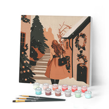 Carica l'immagine nel visualizzatore di Gallery, Mini Kit da Dipingere con i Numeri con cornice - Ragazza nel villaggio festivo