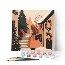Carica l'immagine nel visualizzatore di Gallery, Mini Kit da Dipingere con i Numeri con cornice - Ragazza nel villaggio festivo