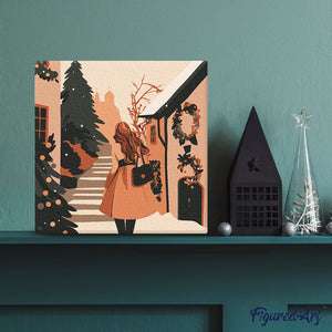 Mini Kit da Dipingere con i Numeri 20x20cm con cornice - Ragazza nel villaggio festivo