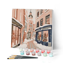 Carica l'immagine nel visualizzatore di Gallery, Mini Kit da Dipingere con i Numeri con cornice - Vicolo natalizio innevato