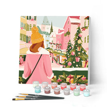 Carica l'immagine nel visualizzatore di Gallery, Mini Kit da Dipingere con i Numeri con cornice - Ragazza al mercatino di Natale