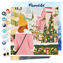 Carica l&#39;immagine nel visualizzatore di Gallery, Mini Kit da Dipingere con i Numeri 20x20cm con cornice - Ragazza al mercatino di Natale