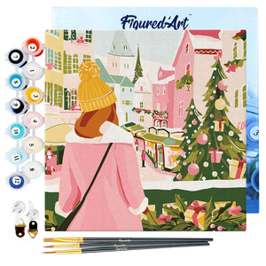 Mini Kit da Dipingere con i Numeri 20x20cm con cornice - Ragazza al mercatino di Natale