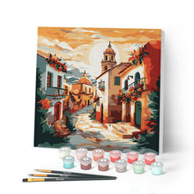 Carica l'immagine nel visualizzatore di Gallery, Mini Kit da Dipingere con i Numeri con cornice - Chiesa del villaggio al tramonto