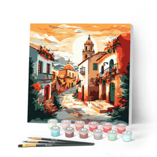 Carica l'immagine nel visualizzatore di Gallery, Mini Kit da Dipingere con i Numeri con cornice - Chiesa del villaggio al tramonto