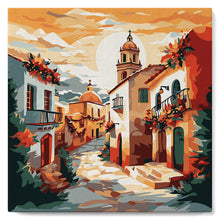 Carica l'immagine nel visualizzatore di Gallery, Mini Kit da Dipingere con i Numeri 20x20cm con cornice - Chiesa del villaggio al tramonto