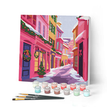Carica l'immagine nel visualizzatore di Gallery, Mini Kit da Dipingere con i Numeri con cornice - Vicolo natalizio rosa