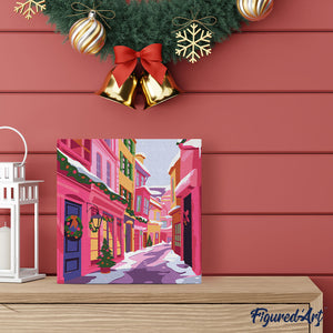 Mini Kit da Dipingere con i Numeri 20x20cm con cornice - Vicolo natalizio rosa