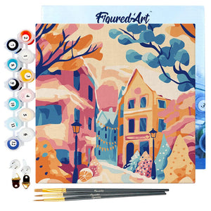 Mini Kit da Dipingere con i Numeri 20x20cm con cornice - Deliziosa città innevata