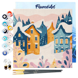 Mini Kit da Dipingere con i Numeri 20x20cm con cornice - Delizioso villaggio invernale