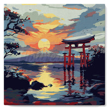 Carica l'immagine nel visualizzatore di Gallery, Mini Kit da Dipingere con i Numeri 20x20cm con cornice - Portale Torii al Tramonto