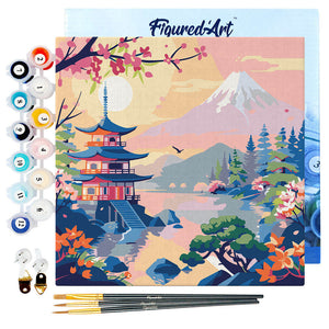 Mini Kit da Dipingere con i Numeri 20x20cm con cornice - Pagoda e Monte Fuji