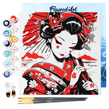 Carica l&#39;immagine nel visualizzatore di Gallery, Mini Kit da Dipingere con i Numeri 20x20cm con cornice - Geisha Rossa e Nera