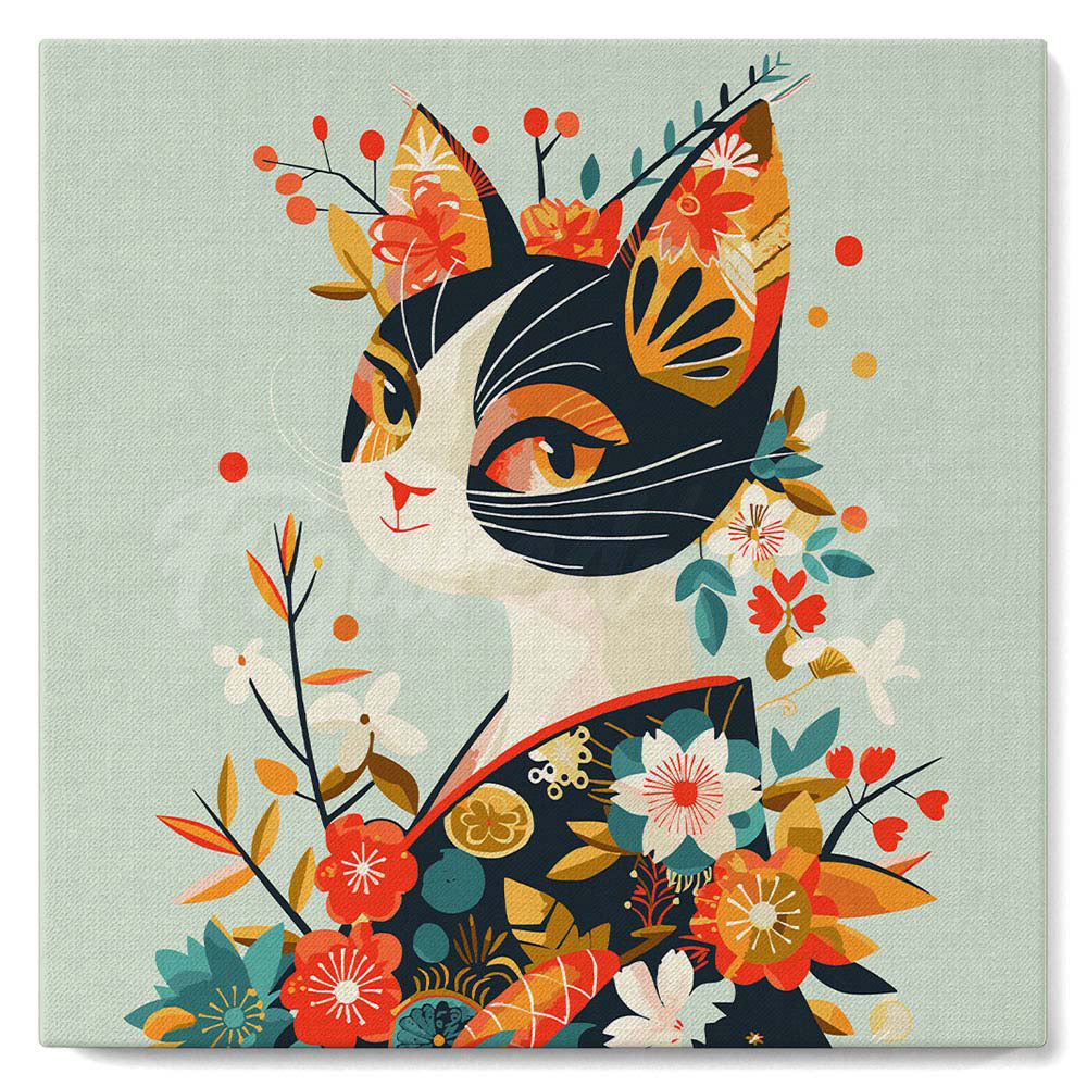 Mini Kit da Dipingere con i Numeri con cornice - Gatta floreale in Kimono