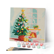 Carica l'immagine nel visualizzatore di Gallery, Mini Kit da Dipingere con i Numeri con cornice - Albero di Natale e camino