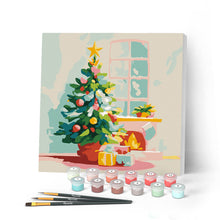 Carica l'immagine nel visualizzatore di Gallery, Mini Kit da Dipingere con i Numeri con cornice - Albero di Natale e camino