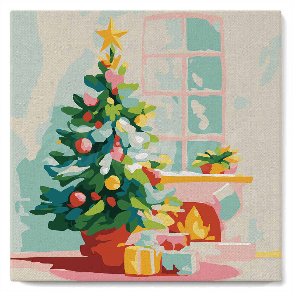 Mini Kit da Dipingere con i Numeri con cornice - Albero di Natale e camino