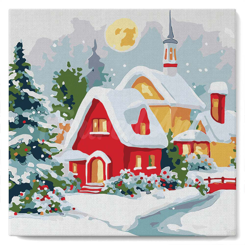 Mini Kit da Dipingere con i Numeri con cornice - Casa rossa in inverno