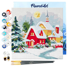 Carica l&#39;immagine nel visualizzatore di Gallery, Mini Kit da Dipingere con i Numeri 20x20cm con cornice - Casa rossa in inverno