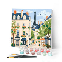 Carica l'immagine nel visualizzatore di Gallery, Mini Kit da Dipingere con i Numeri 20x20cm con cornice - Strada di Parigi ad Acquerello Figured'Art
