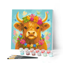 Carica l'immagine nel visualizzatore di Gallery, Mini Kit da Dipingere con i Numeri 20x20cm con cornice - Highland Cow regina del giardino Figured'Art