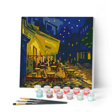 Carica l'immagine nel visualizzatore di Gallery, Mini Kit da Dipingere con i Numeri 20x20cm con cornice - Van Gogh - Terrazza del caffè di notte Figured'Art