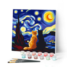 Carica l'immagine nel visualizzatore di Gallery, Mini Kit da Dipingere con i Numeri 20x20cm con cornice - Coppia di gatti sotto la Notte Stellata Figured'Art