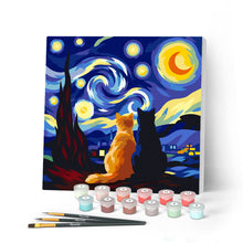 Carica l'immagine nel visualizzatore di Gallery, Mini Kit da Dipingere con i Numeri 20x20cm con cornice - Coppia di gatti sotto la Notte Stellata Figured'Art