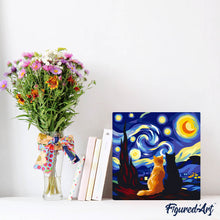 Carica l'immagine nel visualizzatore di Gallery, Mini Kit da Dipingere con i Numeri 20x20cm con cornice - Coppia di gatti sotto la Notte Stellata