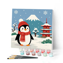Carica l'immagine nel visualizzatore di Gallery, Mini Kit da Dipingere con i Numeri 20x20cm con cornice - Pinguino vicino al monte Fuji Figured'Art