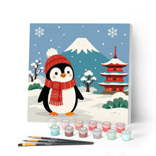 Carica l'immagine nel visualizzatore di Gallery, Mini Kit da Dipingere con i Numeri 20x20cm con cornice - Pinguino vicino al monte Fuji Figured'Art